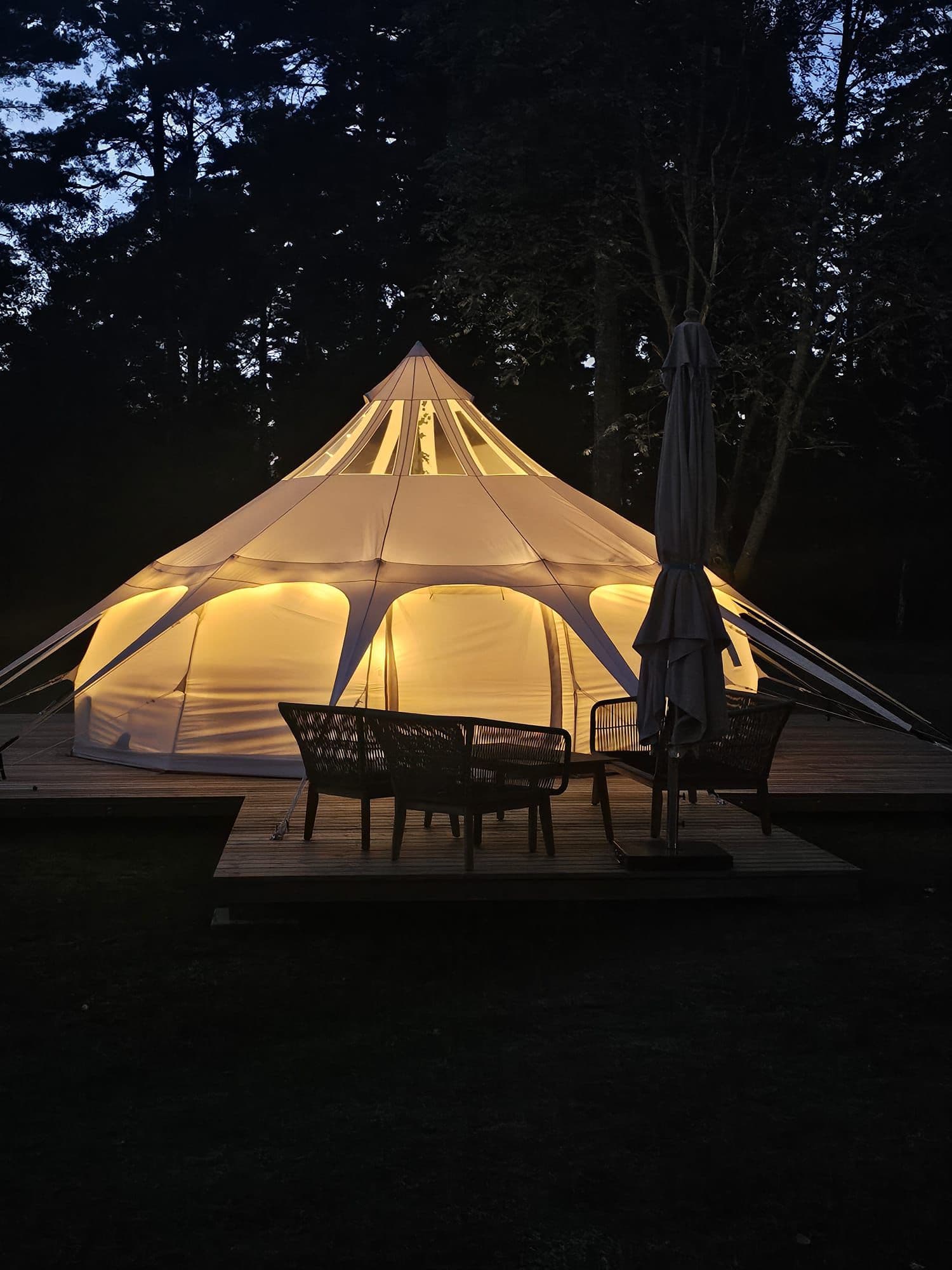Glamping tent in evening light